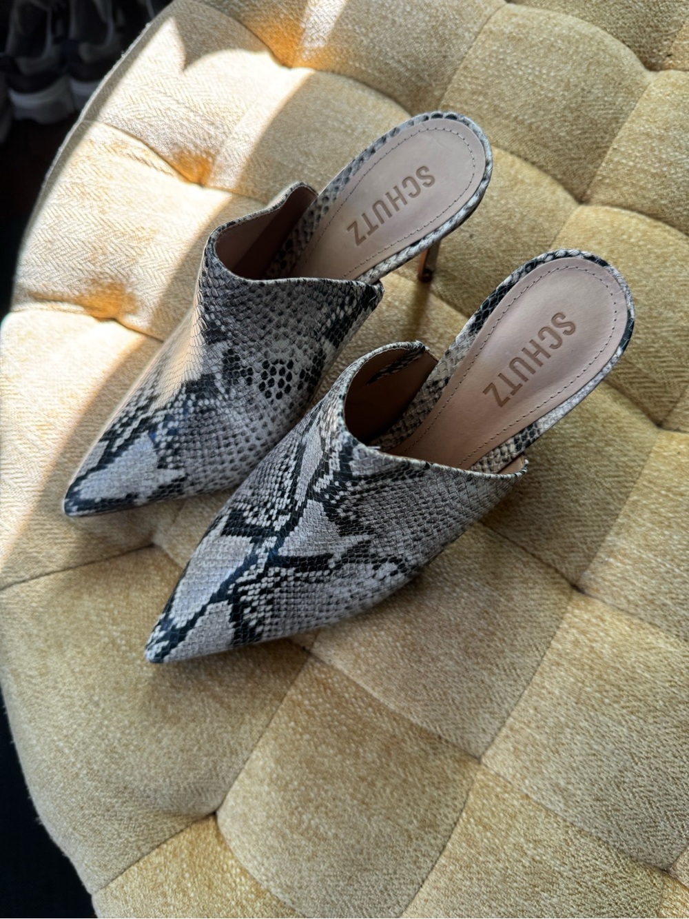 SCHUTZ Gray Snake-Print Pointed Toe Mule Heels